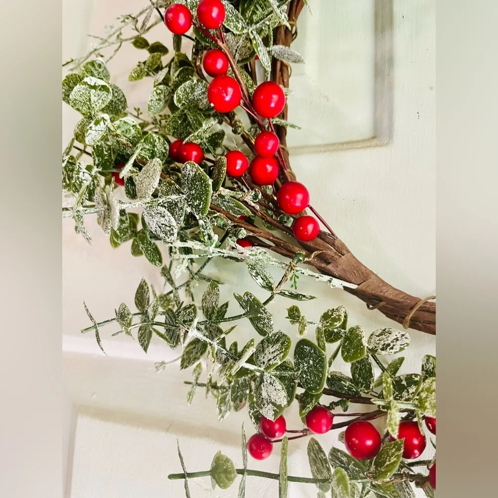 *Frosted Eucalyptus Wreath With Red Berries 16”